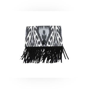 Grace Black White & Gray Ikat Print Crystal Clasp, Suede Fringe Clutch Bag
